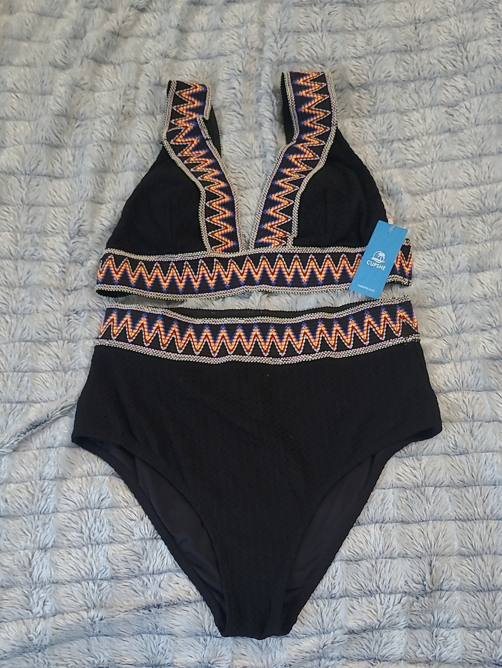 Black Two-Piece Swimsuit with Multicolor Zigzag Trim
